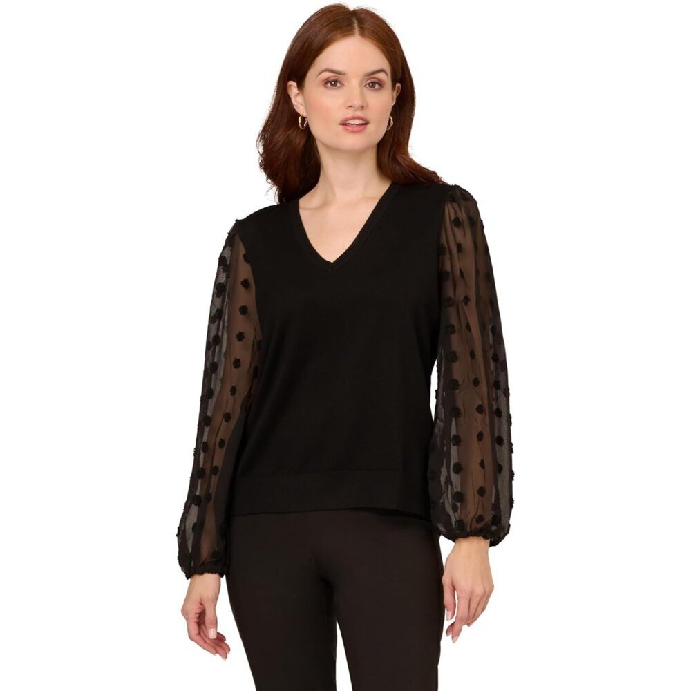 Womens V Neck Sweater Black Medium 3/4 Bubble Sleeves Comfortable Stylish